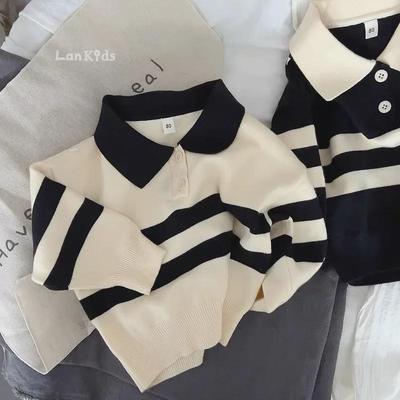 2023 Korean Kids' Striped Knit Sweater - Unisex, Short Sleeve, Western Style