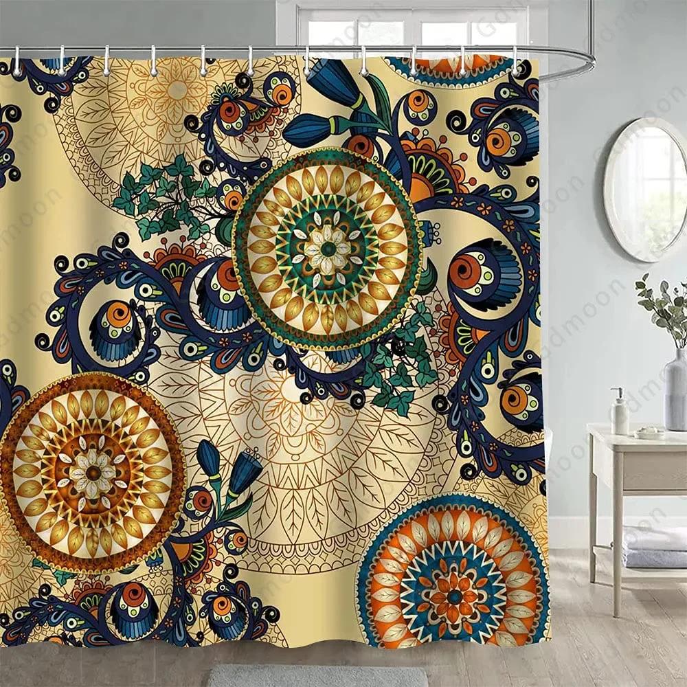 Bohemian 3D Shower Curtain, Indian Mandala Flower Green Blue Chic Color Modern Pattern Bathroom Fabric Home Decor Shower Curtain