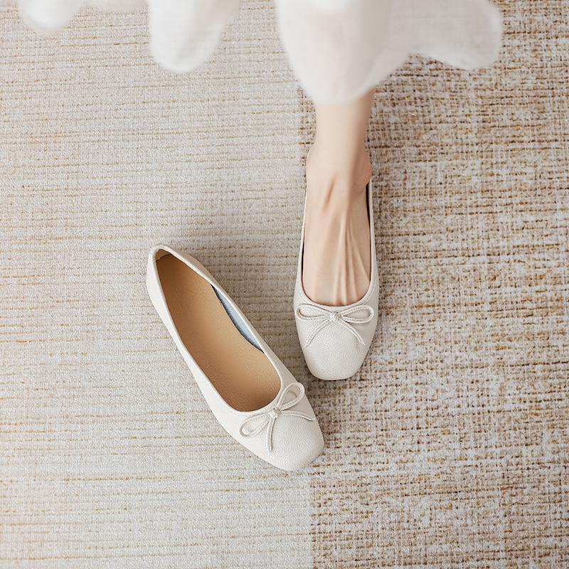 Flat single shoes women's shallow mouth square head bow simple and versatile casual and comfortable Doudou shoes women
