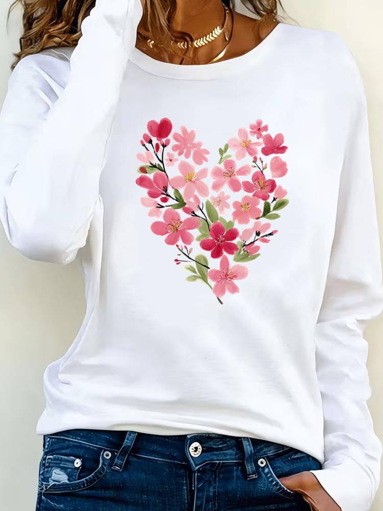 (Asian Size) watercolor flower 90s Clothing Casual  Tee Lady Printed o-neck Long Sleeve T Shirt Women Female Fashion Top Graphic T-shirts