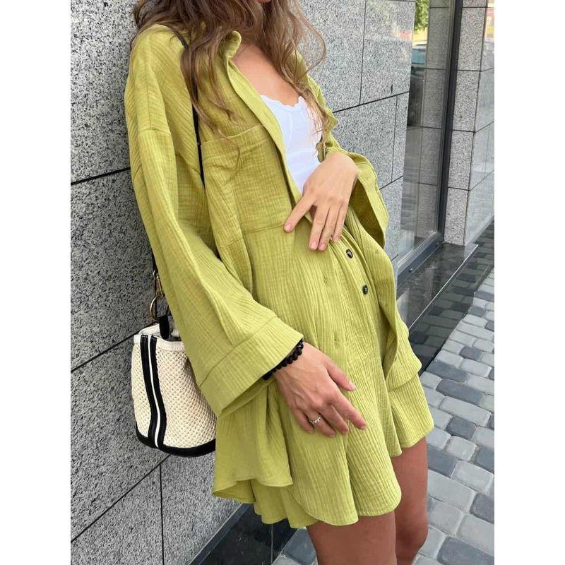 

2025 Лето Повседневный Темперамент Новая Женская одежда Однотонный Кардиган На пуговицах Топ средней длины Короткие Широкие брюки-палаццо Костюм-двойка Yellow XL