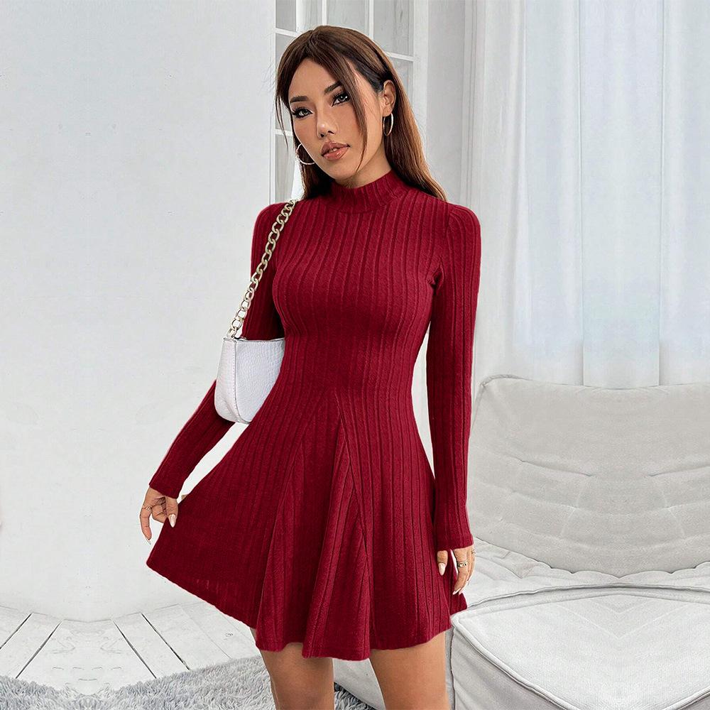 European and American spring and summer new European and American women's clothing ins slim-fitting semi-turtleneck waist A-shaped skirt long-sleeved