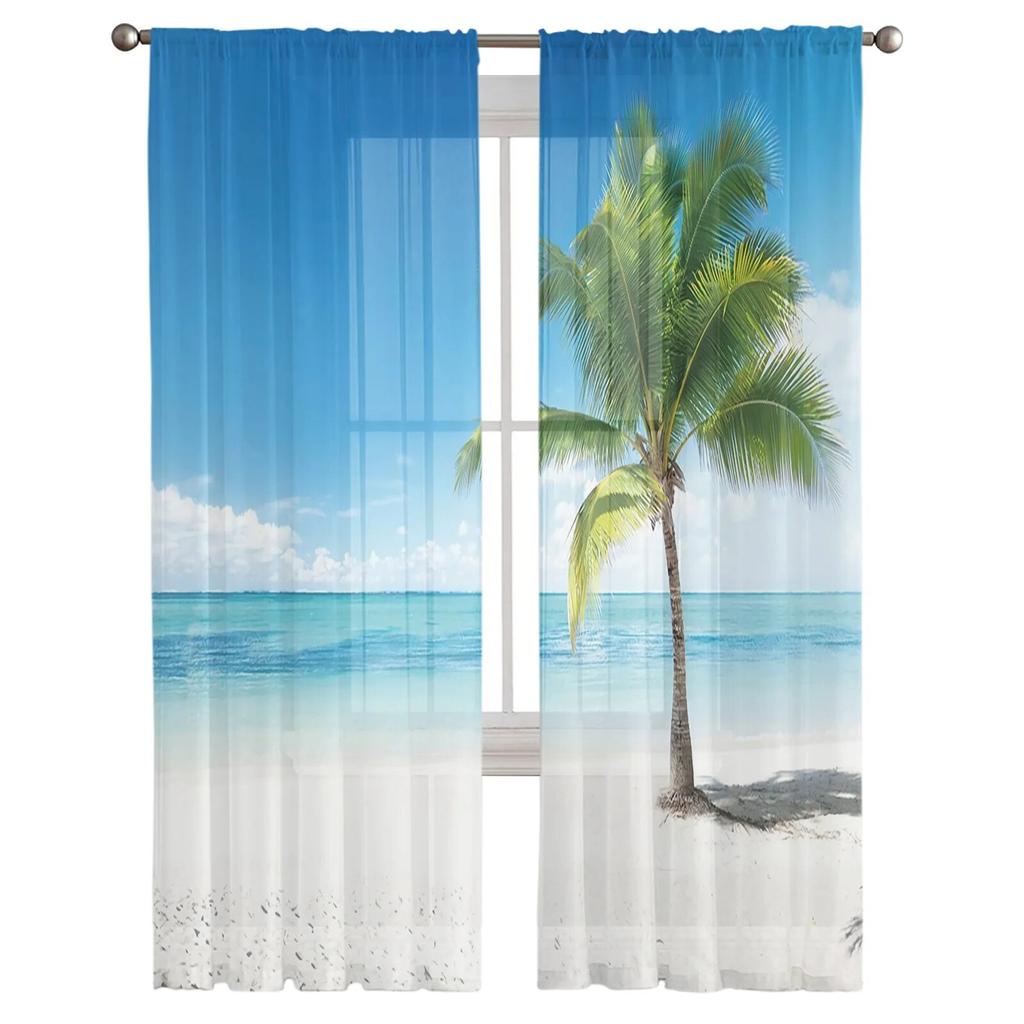 Beach Sea Coconut Trees Modern Printed Tulle Curtains for Bedroom Balcony Window Decor Creative Fashion Home Sheer Curtain