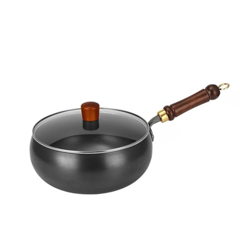 Japanese Style Uncoated Iron Pot with Wooden Handle Deep Wok with Wooden Lid Non Stick Cast Iron Saucepan for Cooking Soup Milk Noodles
