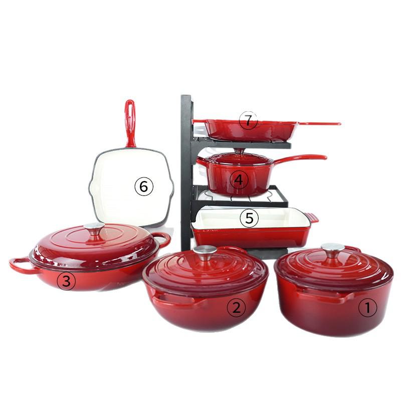 Seven-Piece Cast Iron Enamel Cookware Set: Includes Frying Pan, Flat-Bottom Pot, Stew Pot, Seafood Pot, and Mommy Pot