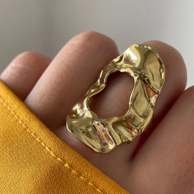 Gold Color Stainless Steel Rings for Women Men Retro Irregular Hammered Hollow Open Rings Waterproof Jewelry Party Gift