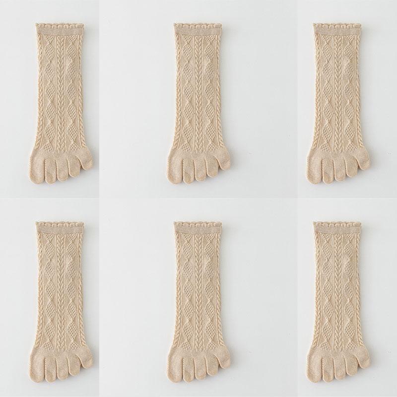 6 Pairs Women Spring and Autumn Pure Cotton Five Finger Socks Retro Solid Color Lace Striped Split Toe Socks Vintage Comfortable Socks