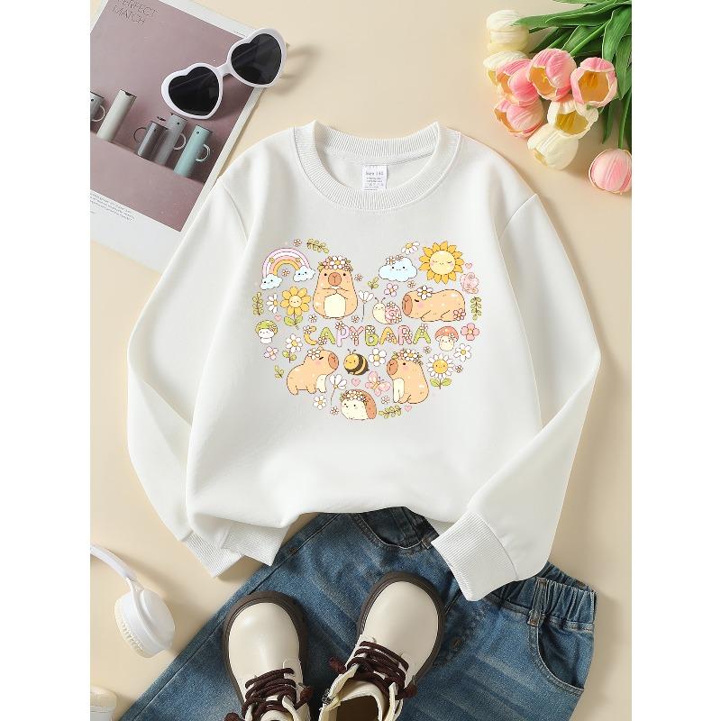 Kids Crewneck Sweatshirt, Cute Capybara Floral Rainbow Pattern Print,Casual Sportswear for Spring & Autumn
