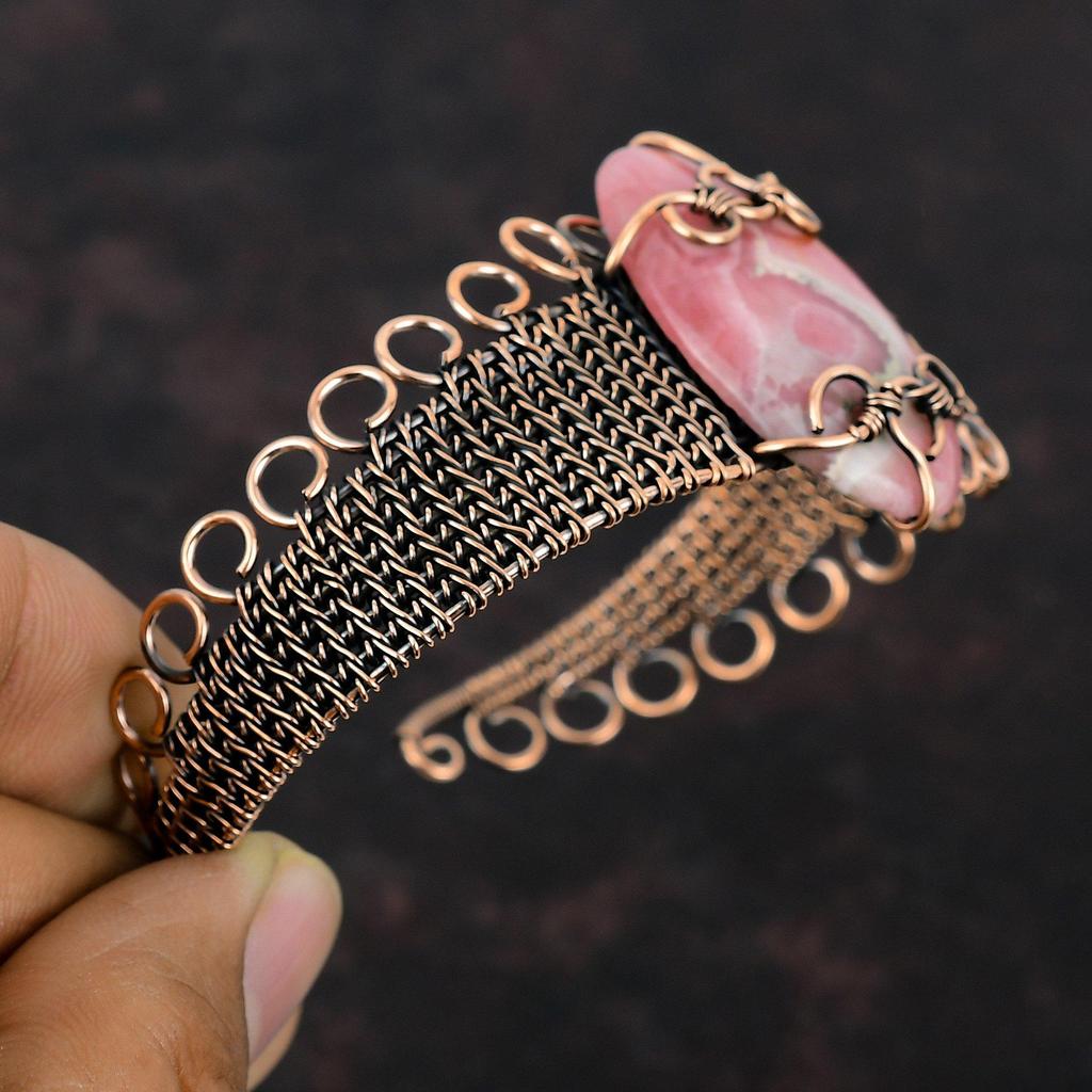Rhodochrosite Copper Wire Wrapped Bangle Adjustable Cuff Bracelet Genuine Gemstone Bangle Handmade Bracelet Copper Wire Jewelry Gift For Her