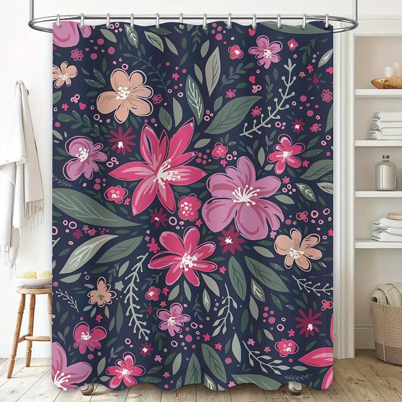 Pink Floral Shower Curtain Decorative Bathroom Waterproof Privacy Screen Window Treatment With Hooks For Home Decoration Dark Na