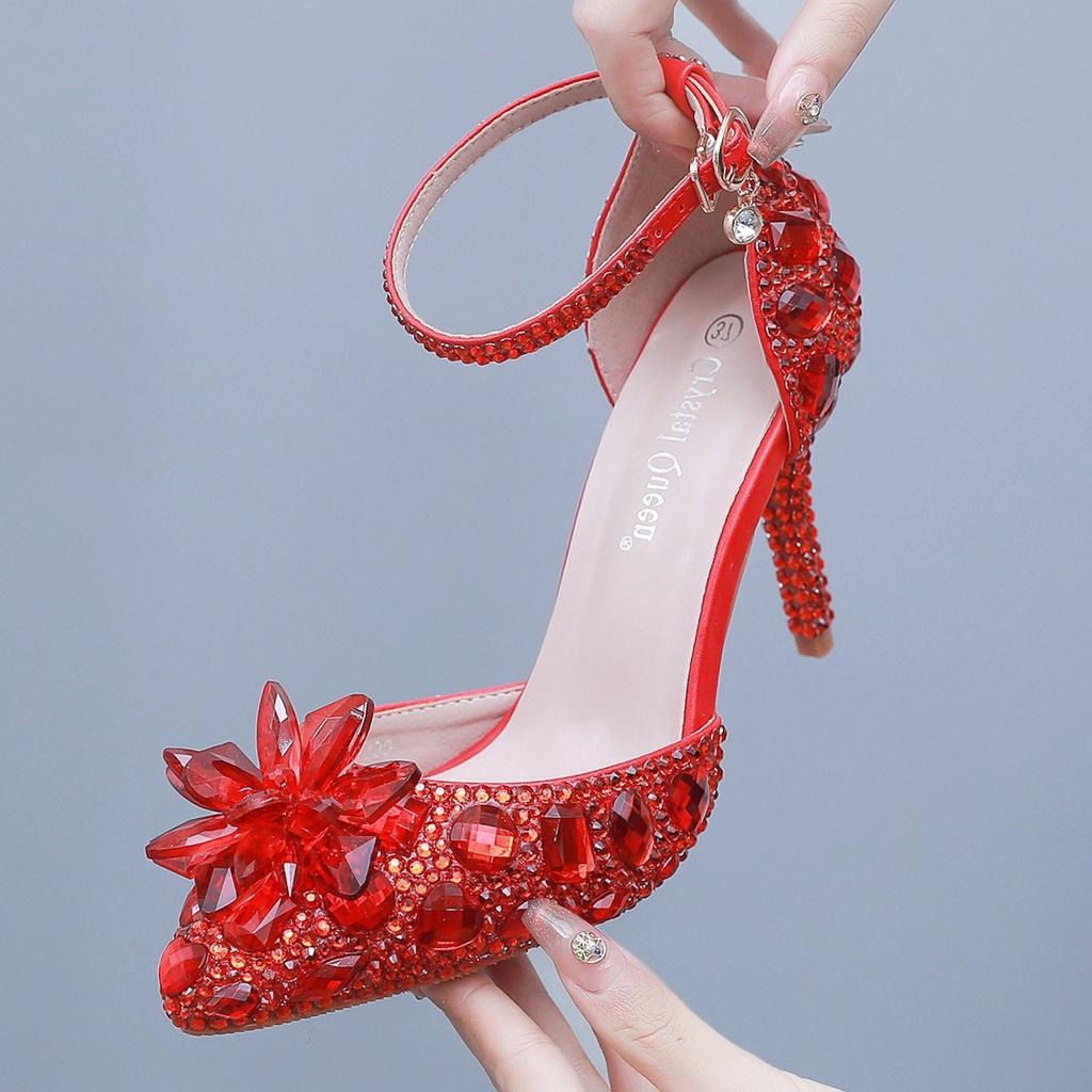 9cm Silver Pointed Toe Hollow Sandals White Rhinestone High Heel Sandals Large Size Bride Wedding Photography High Heels