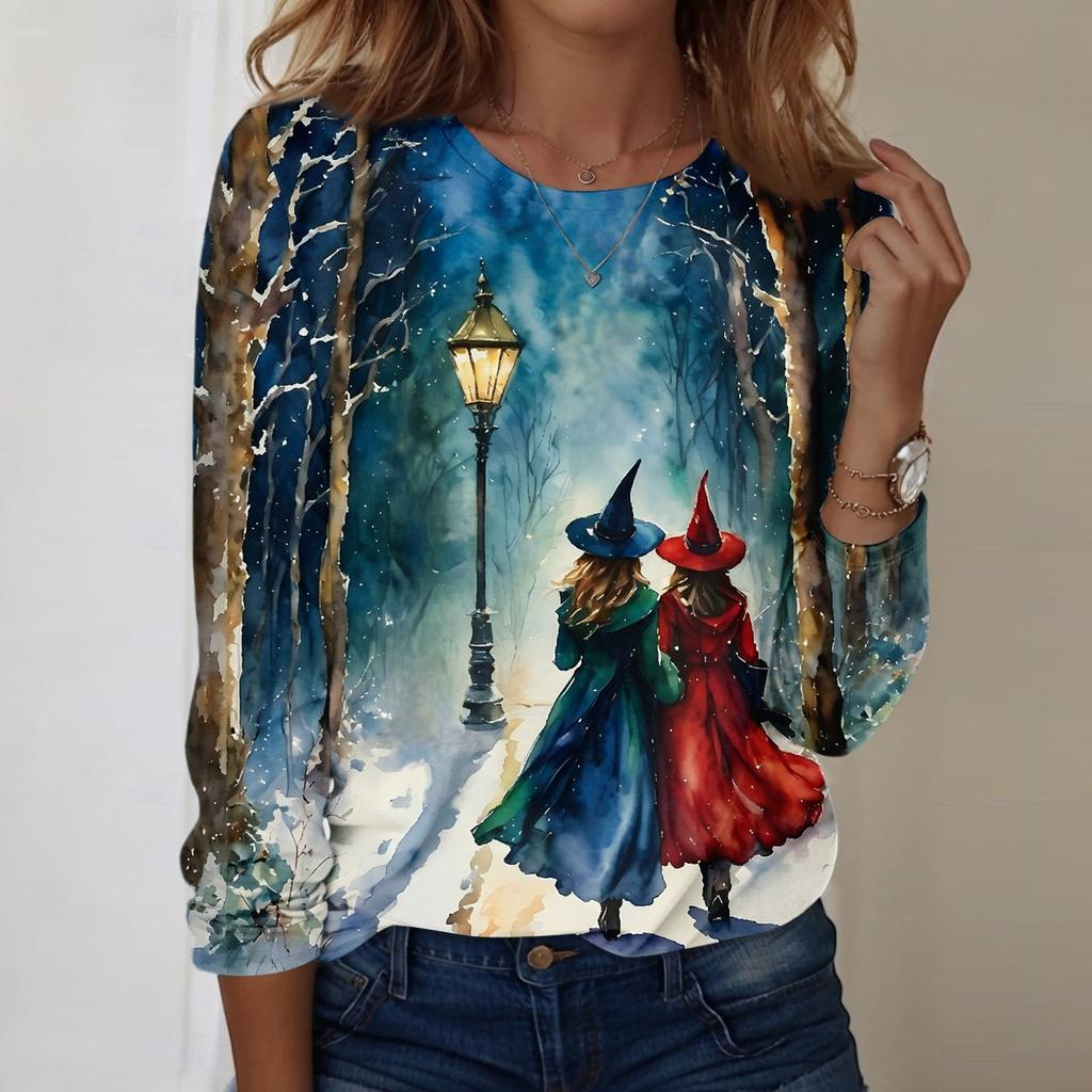 Women's Halloween Print Long Sleeve Neck Loose Fit Tunic Top for Fall Casual Outfits
