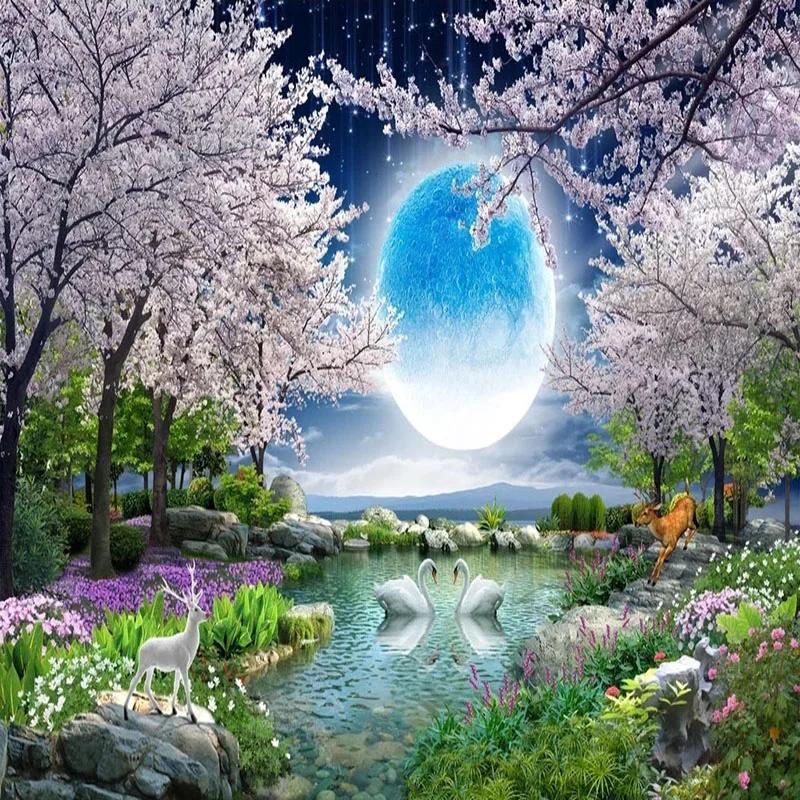 Photo Mural 3d Moon Wallpaper Flowers Tree Swan Landscape Wall Painting Background Living Room Bedroom Home Decor