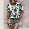 Women Floral Print V Neck Short Sleeve Blouse Casual Notch Collar Rolled Cuff Shirt