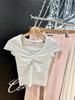 T-shirt à manches courtes plissé avec col en dentelle et nœud style BLACKPINK - Haut en coton ajusté pour femme