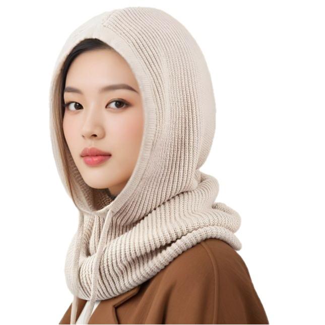 Europäischer Strick-Wollmützen- und Schal-Set für Damen - Mit Kapuze, Ohrenschützend, Verdickter Nackenschal für Herbst/Winter.