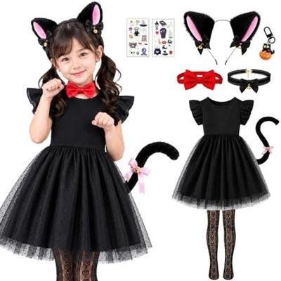 Fantasia de Gato Preto GOKEI para Menina Roupa de Halloween Conjunto de 9 Peças 120 Faixa de Cabeça com Orelhas Cauda Fofa Meia-Calça com Estampa de Coração Saia de Tule com Bolinhas Gravata Borboleta Vermelha Ajustável