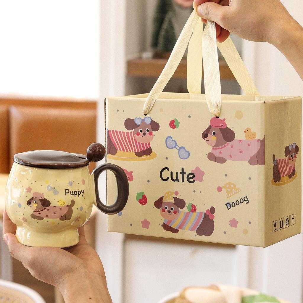 Dachshund Water Cup High Appearance Level  Large Capacity Mug Ceramic Cup  Covered Spoon  Breakfast Cup  Souvenir Gift Box