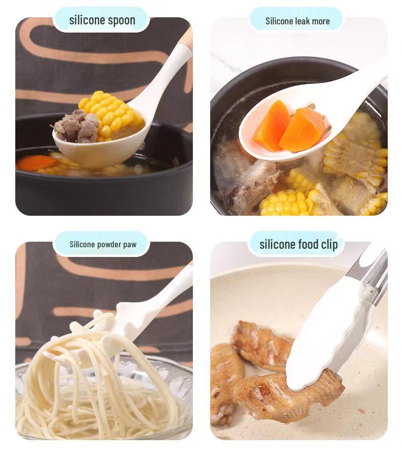 12-Piece Silicone Cookware Set with Wooden Handles - Non-stick, High-Temperature Resistant, Includes Spatula and Soup Ladle.