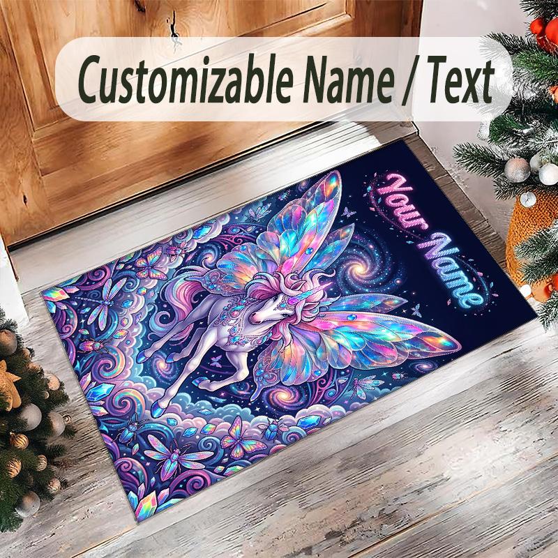 Unicorn Theme Crystal Velvet Floor Rug Personalized Custom Name Text Warm Carpet Home Decoration