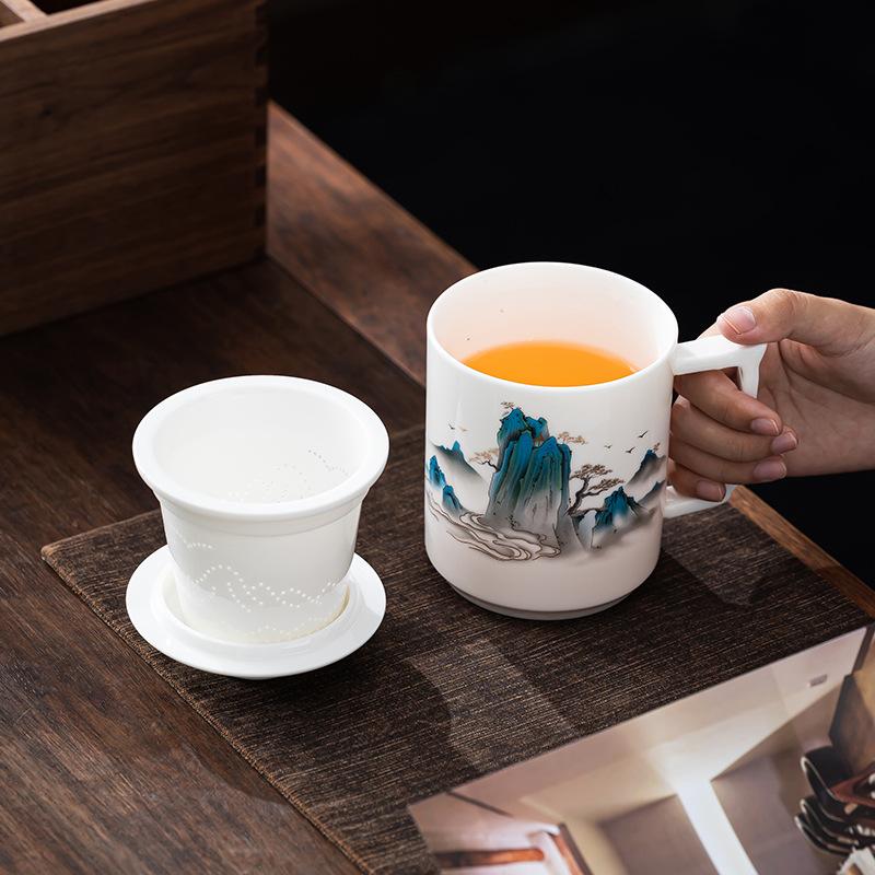 High-end Suet Jade White Porcelain Office Tea Set Light Luxury Simple Creative Portable High-end Tea Cup Business Gift