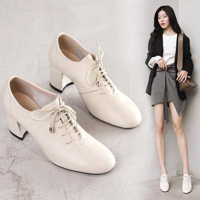 Chaussures simples profondes, talons mi-hauts pour femmes, bout pointu, à lacets, Style britannique, chaussures pour femmes, noir, Beige