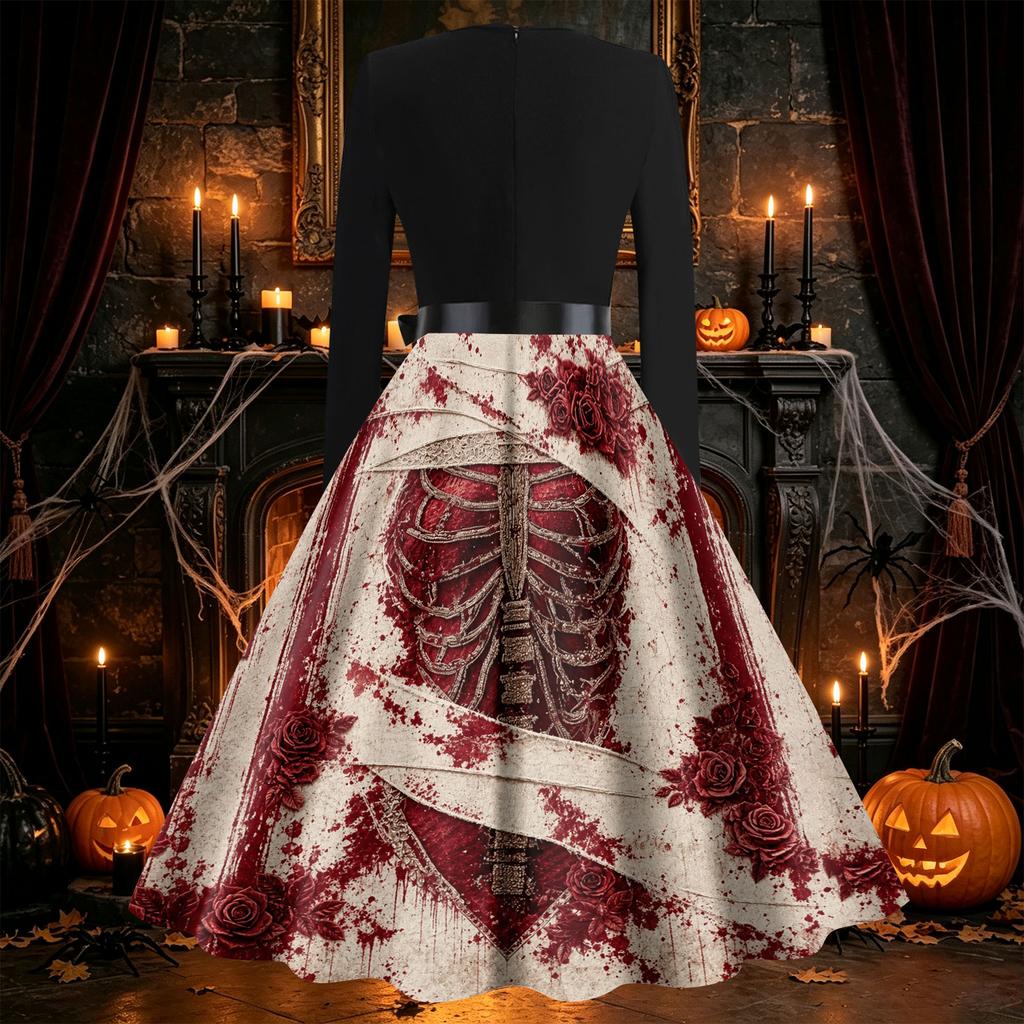 Women's Vintage V-Neck Long Sleeve Swing Dress with Halloween Print for Party Costume