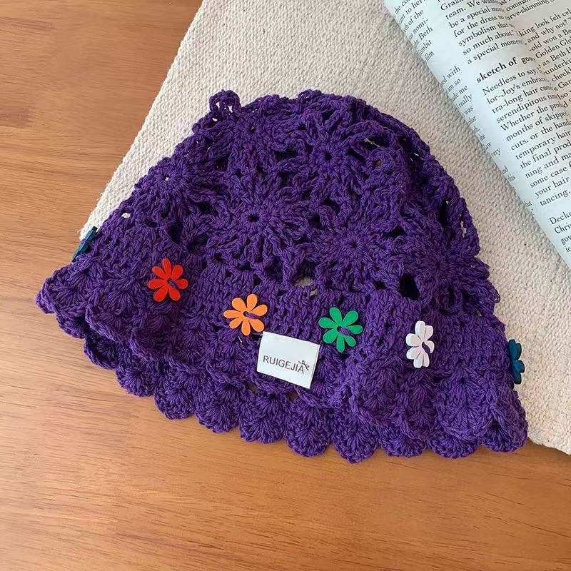 Korean Handmade Bucket Hat Flower Decoration Knitted Hollow Basin Hat Women'S Summer Thin Breathable Sun Hat