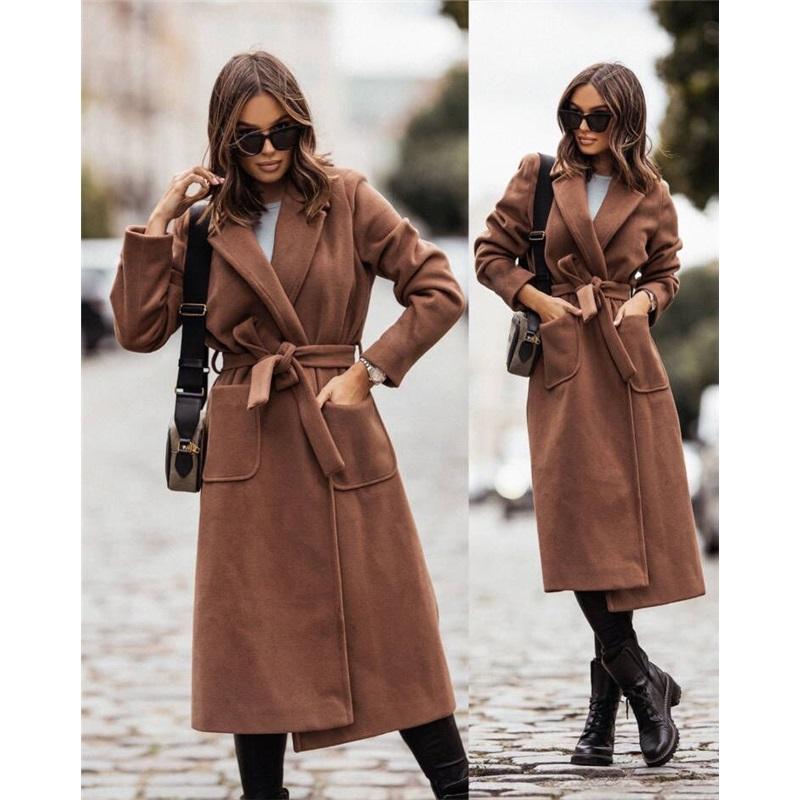 Simple Double-breasted Coat Long-sleeved Lapel Button Woolen Coat Women