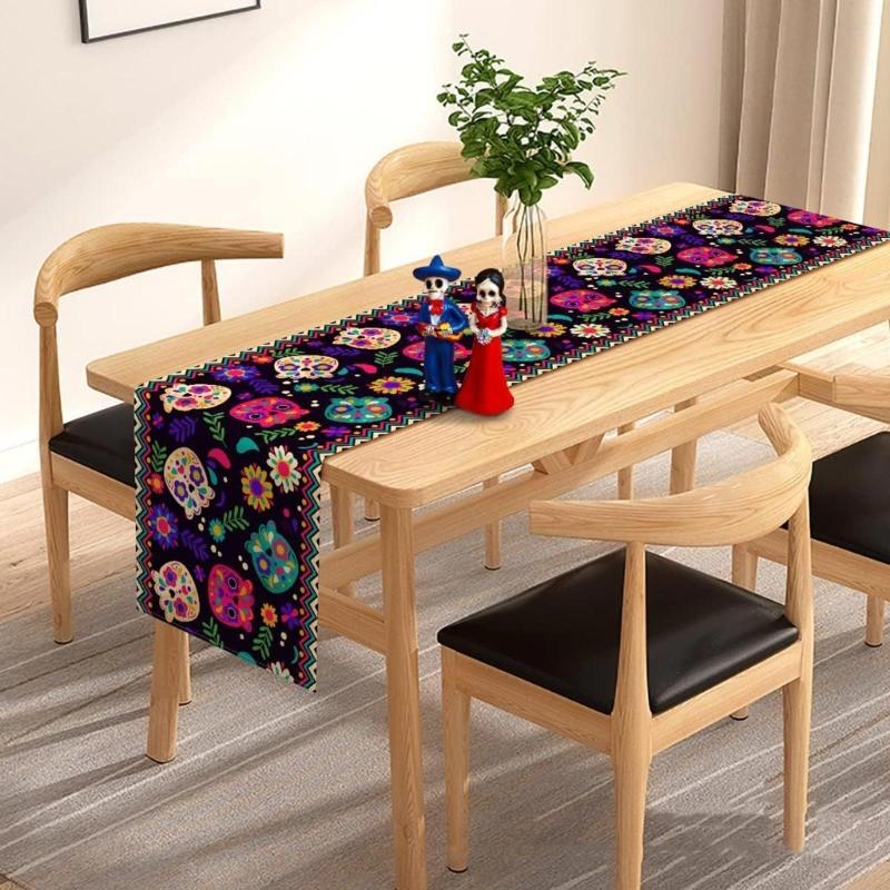 Horror Halloween Skull Table Runner Ethnic Mexico Flower Table Runner Day of The Dead Kitchen Dining Tablecloth Table