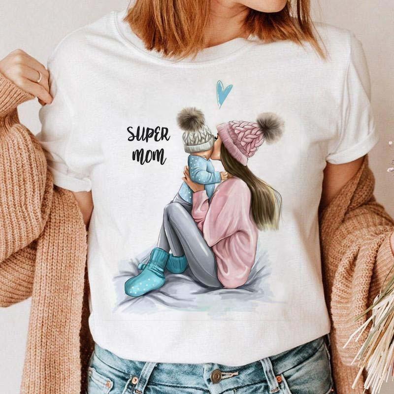 Maycaur Women Cartoon Mom Mother Boy Girl Print Mother Lady T-shirts Casual Top T Shirt Ladies Womens Graphic Female Tee T-Shirt