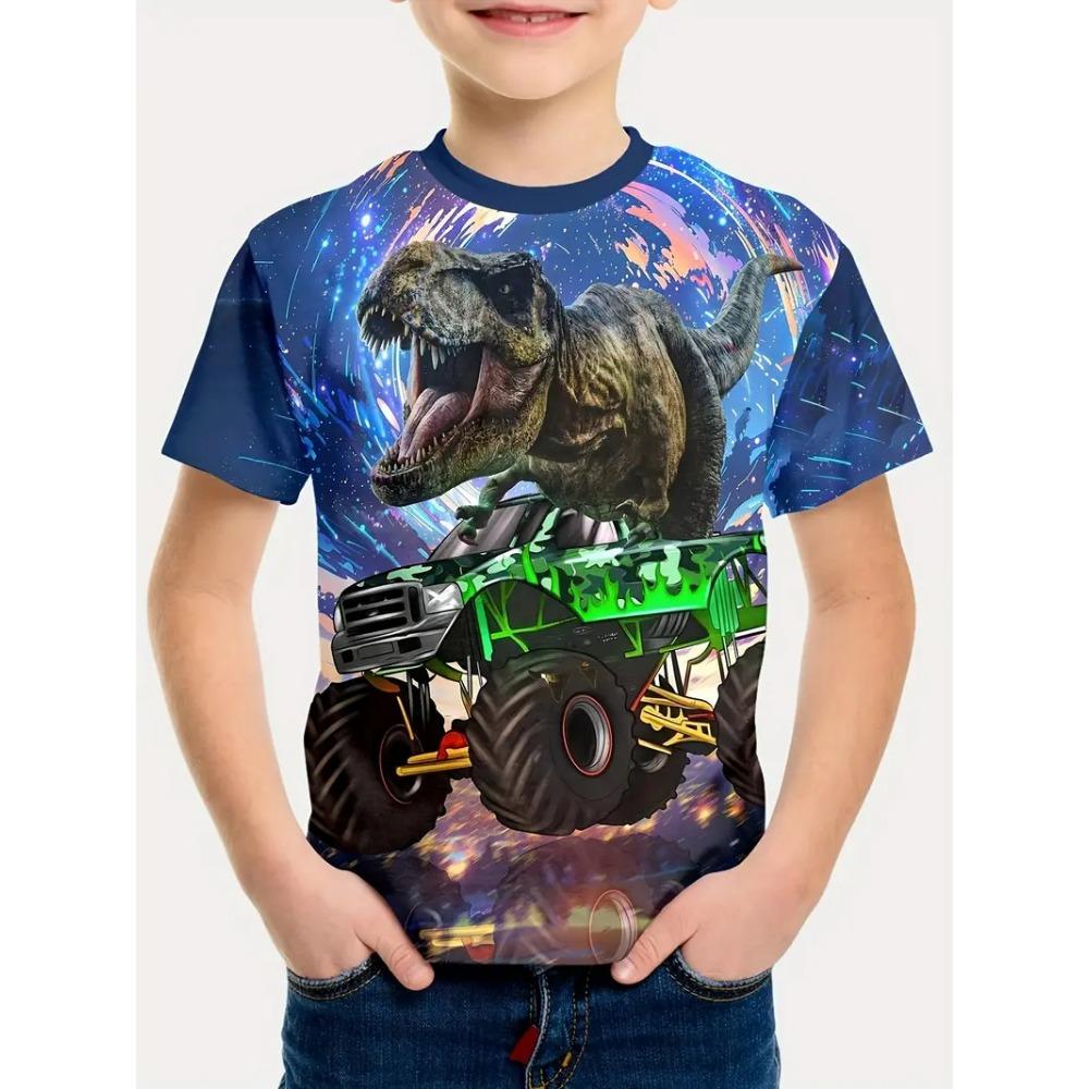 Summer Round Neck 3D Dinosaur Printed Top Fashionable Casual Short Sleeved Children's Boy T-shirts