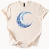 Celestial Crescent Moon Graphic T Shirt Blue Watercolor Swirl Art Tee Mystical Night Sky Shirt Moon Phase Shirt Cosmic Gift Idea