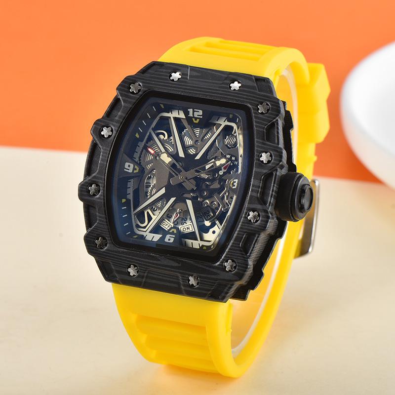 Vibrant Wine Barrel Shape Quartz Watch with Carbon Fiber Hollow Design for Men