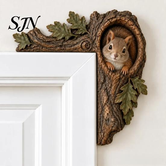 Chipmunk Shelf Sitter 2Pcs Tree Hollow and Animal Wooden Door Topper, Rustic Forest Style Decorative Country Decor for Windowsills Corner Decor,