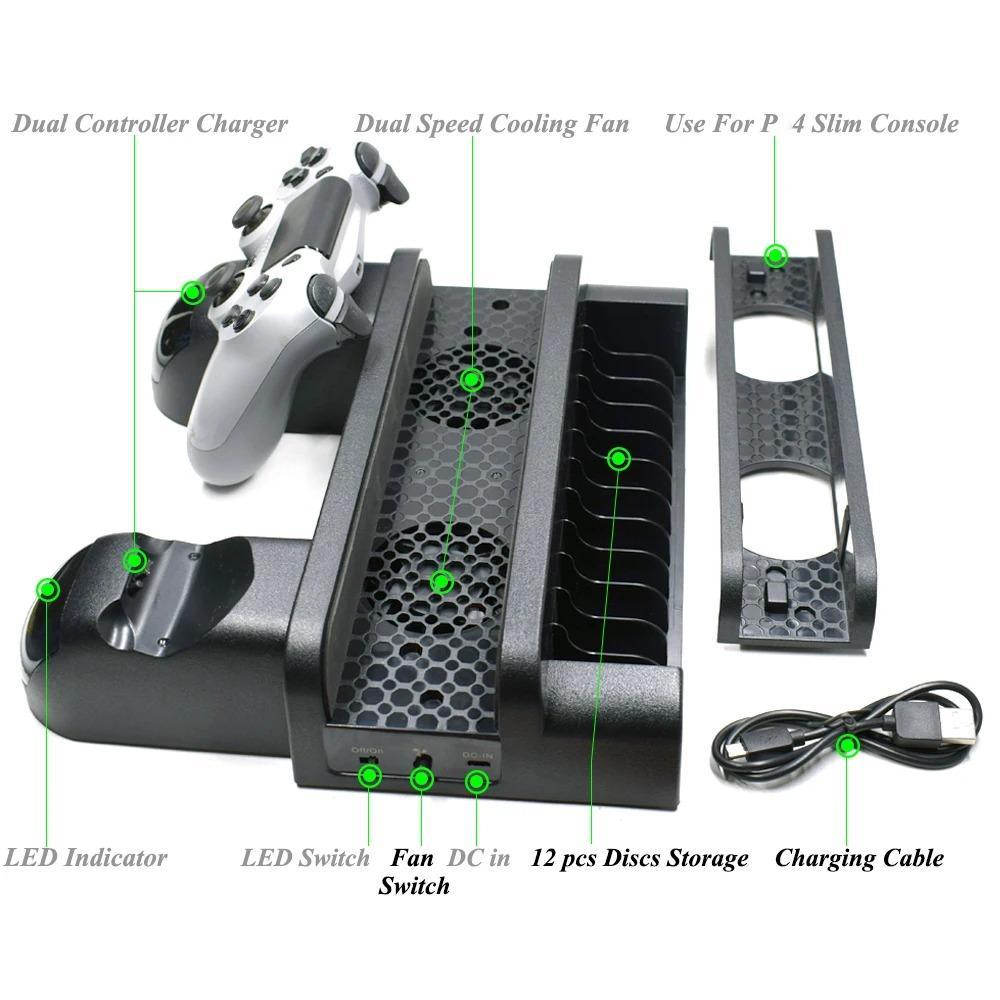 PS4 Stand Cooling Fan Station for Playstation 4/Slim/Pro with Dual Controller EXT Port Charger Dock Station and 10 Game Slots