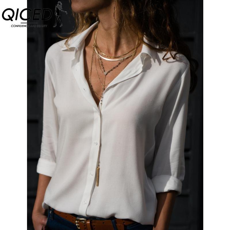

QICED Жіночі модні повсякденні одноколірні блузки та сорочки з довгими рукавами з вирізом у формі поло S білий