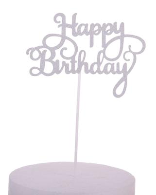 Topper Happy Birthday Srebrny  Brokat