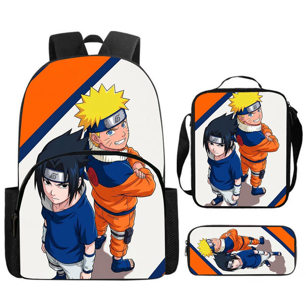 3Pcs Set NARUTO Anime School Backpack with Front Pocket, Lunch Bag & Pencil Bag, Lightweight & Durable for Boys & Girls Age 4-10