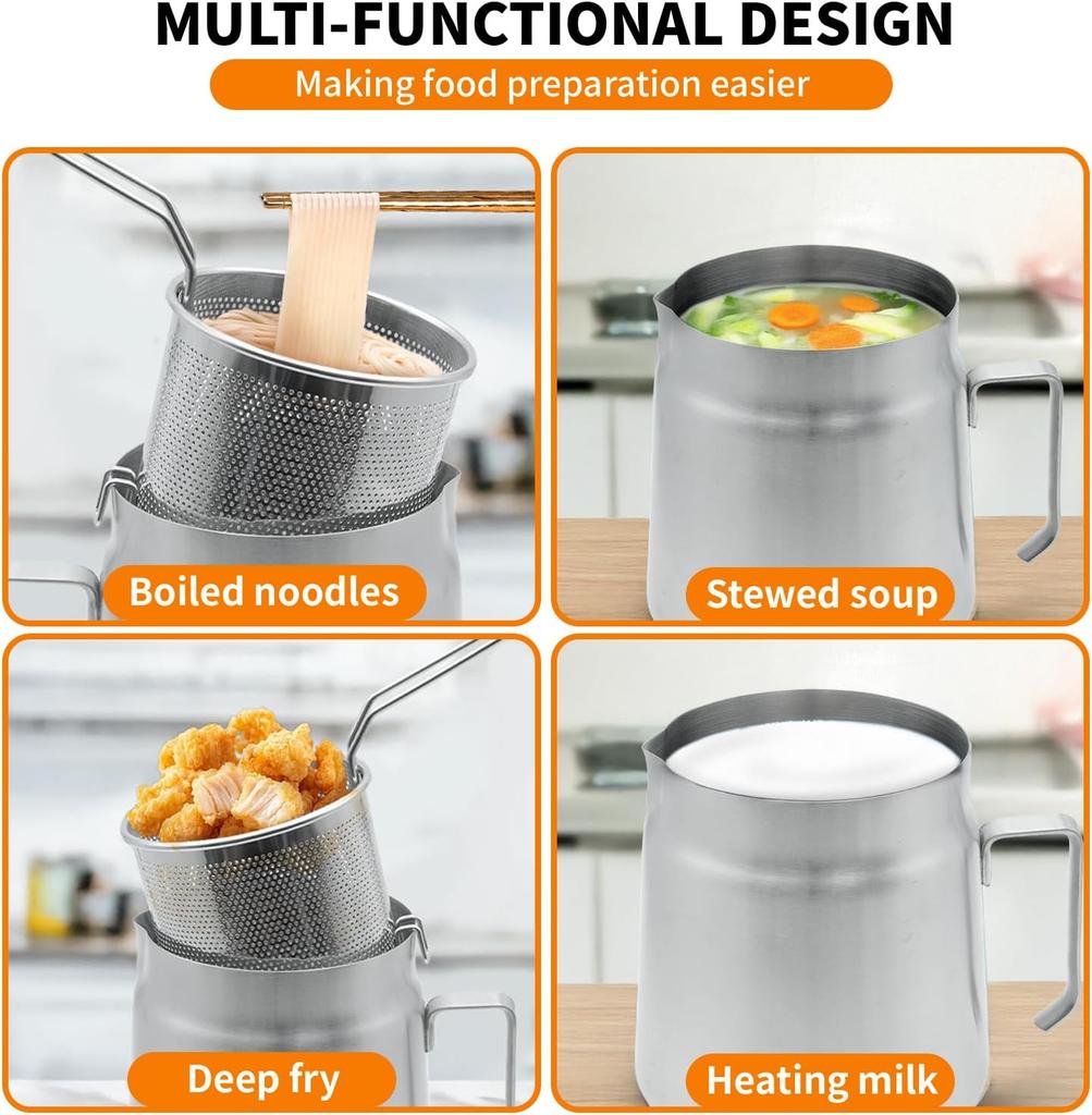 Steel Oil Filter Pot with Deep Fryer Basket - Kitchen Large Capacity Versatile Oil Strainer Vessel and Bacon