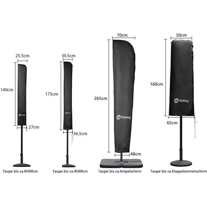 Housse de protection pour parasol rectangulaire noir - sekey - 265 x 70 cm - imperméable et anti-uv