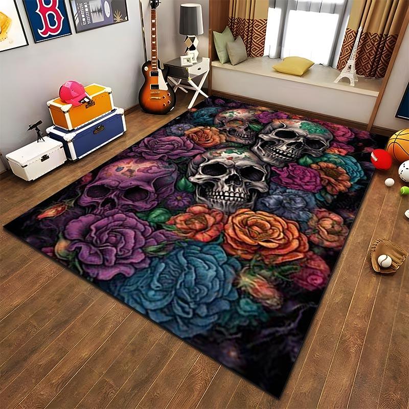 Colorful Skull and Floral Pattern Carpet for Living Room Decor Suitable for use as an anti-slip for living room bedroom sofas