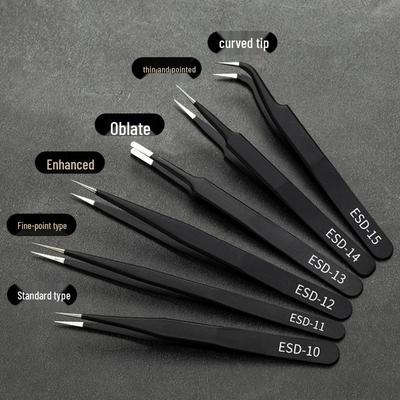 Black Anti-Static Stainless Steel Curved Tip Tweezers Set for Nail Art, Journaling, and Repairs