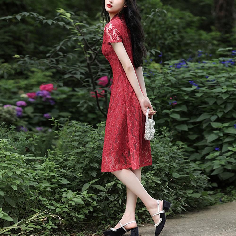 Krajka Středně dlouhá Denní Cheongsam Upravený Nízký výstřih Slim Fit Velká čínská velikost Šaty Ao Dai