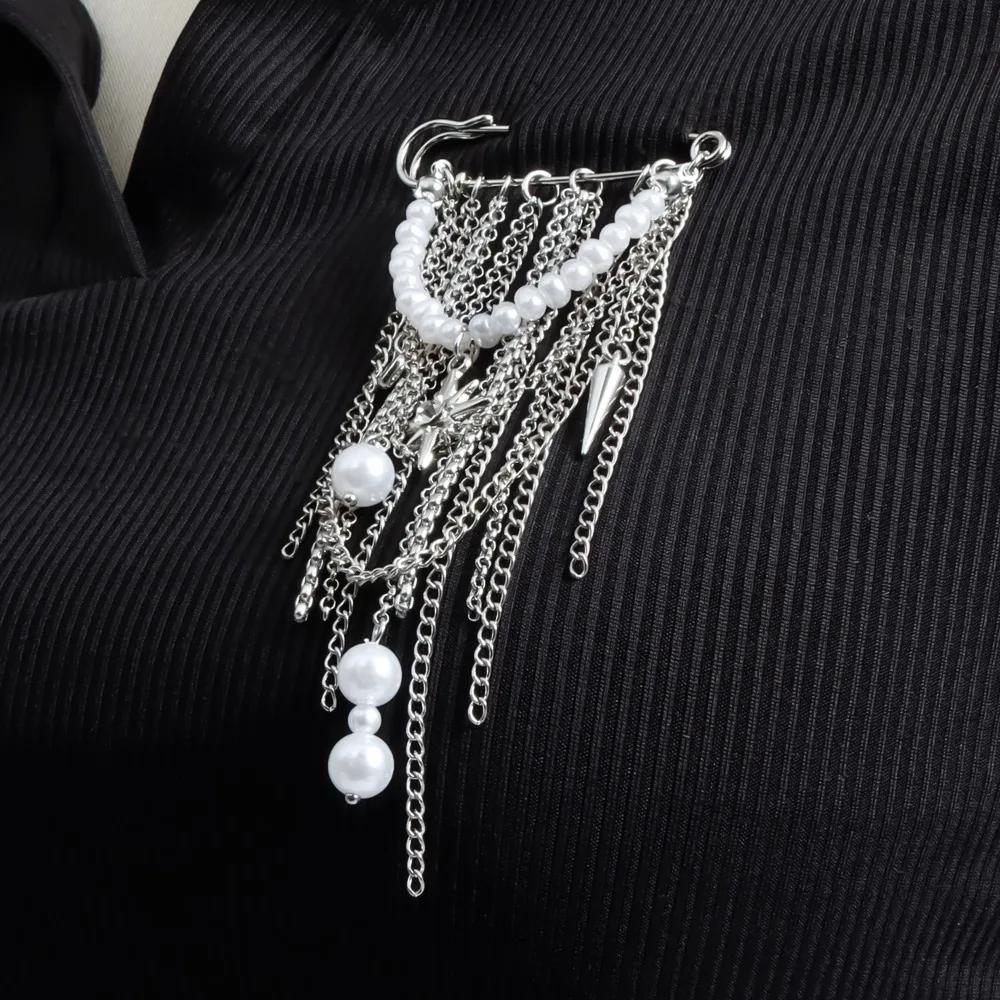 Hip Hop Trendy Imitation Pearl Tassel Chain Brooches for Men Women Waist-shaping Fixed Pin Accessory Multi-functional Jewelry
