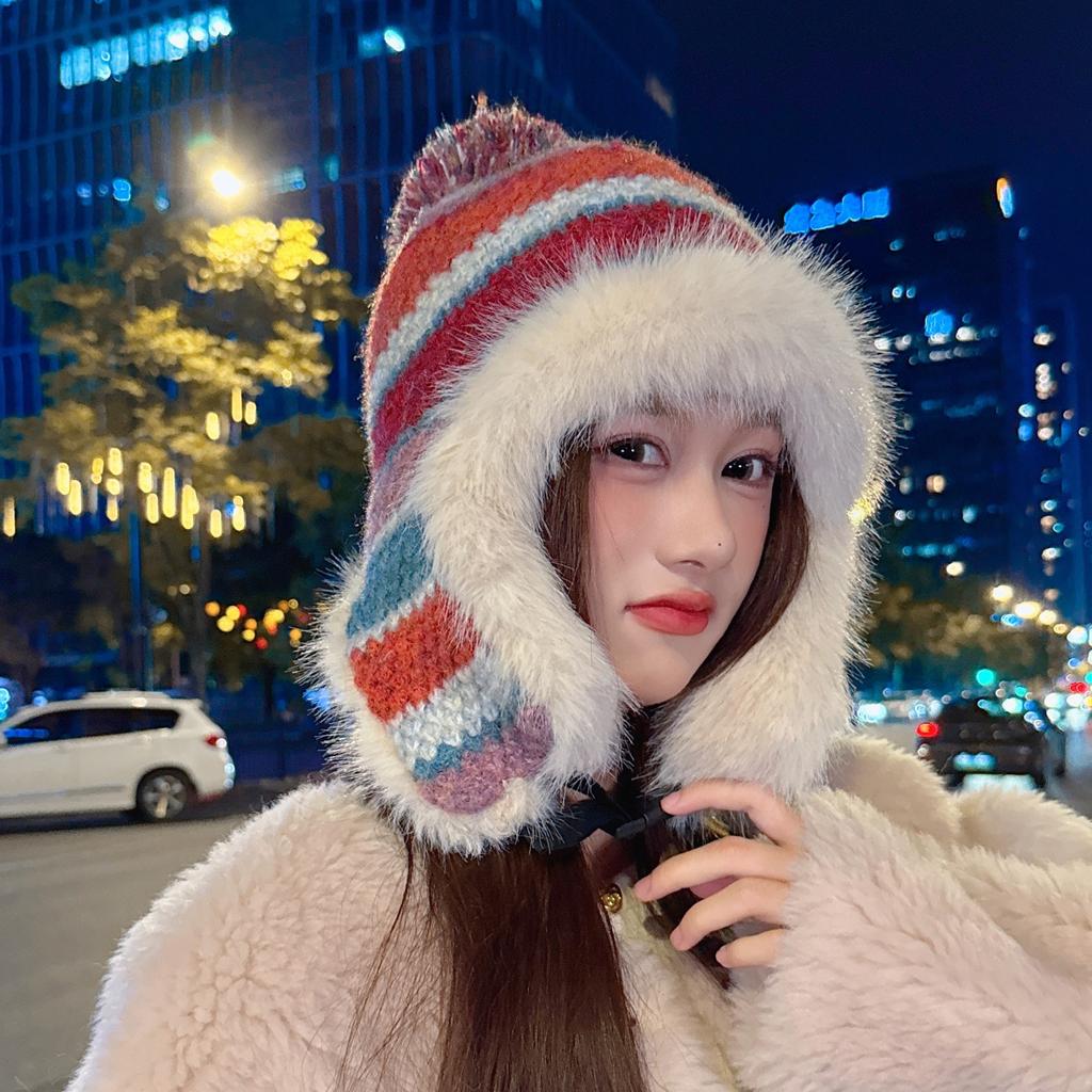 Striped Knitted Lei Feng Hat Women's Winter Thickened Warm Ear Protection Hat Cycling Windproof Plush Hat