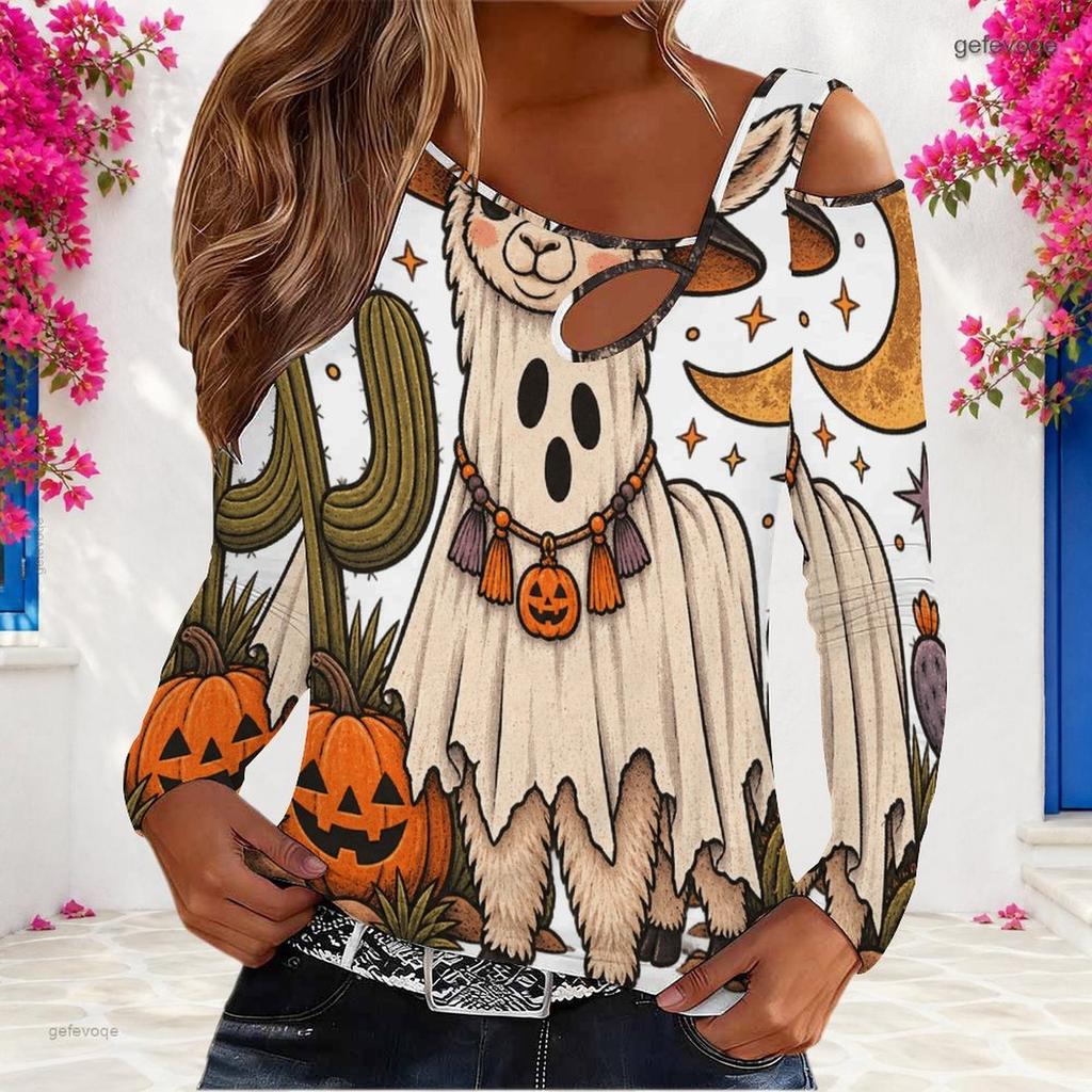 Women Plus Size Asymmetric Cutout Neck Cold Shoulder Long Sleeve Cartoon Panda Halloween Print Top