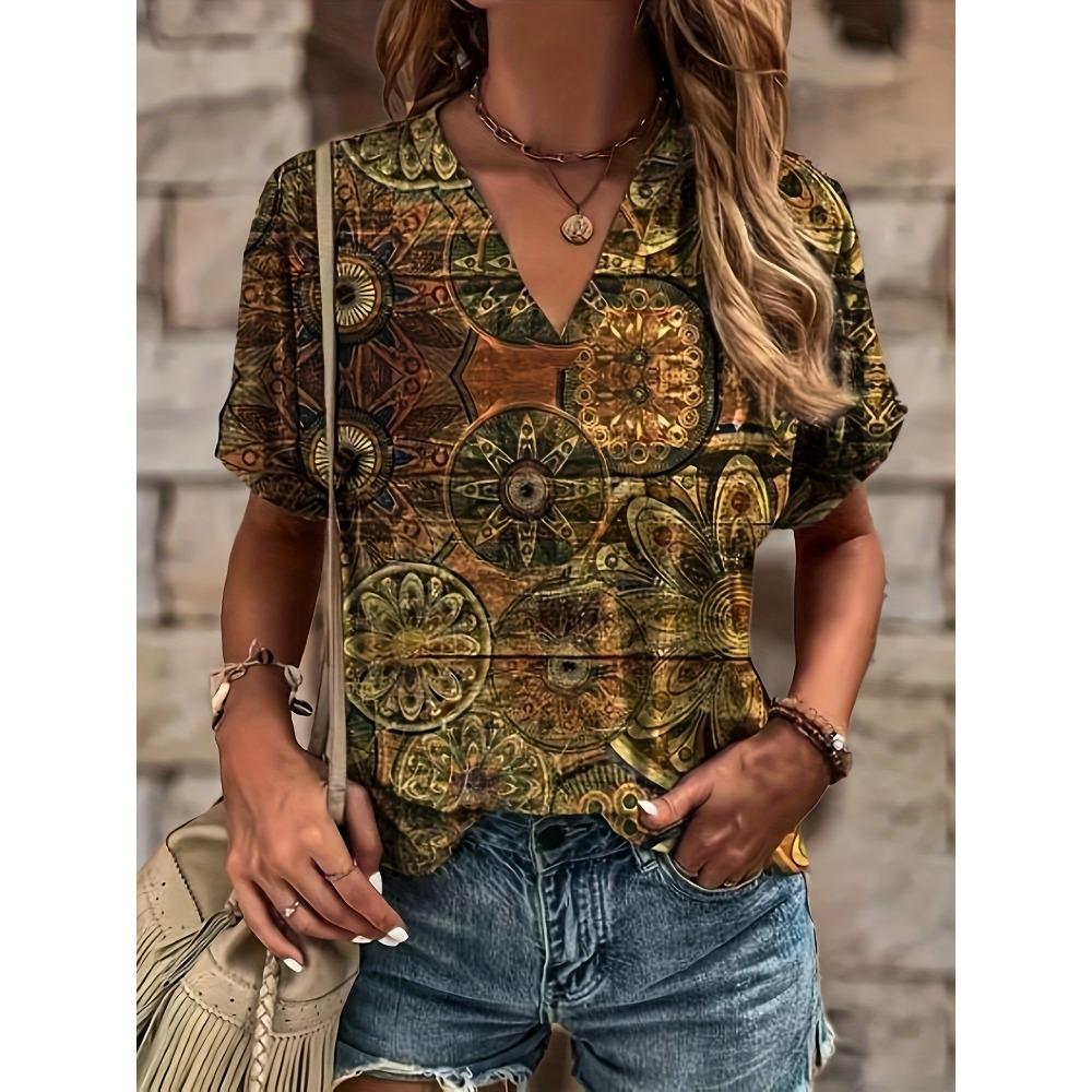 Oversized Women's V-neck Folding Sleeve T-shirt - Ethnic Flower Printed Loose Shirt, Fashionable and Elegant Summer Casual Top