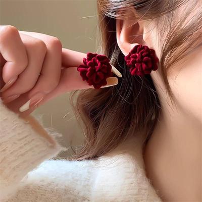 Temperament Vínově červená Květ Camellia s flockováním Geometrická náušnice Šperk Vánoční dárek pro přítelkyni