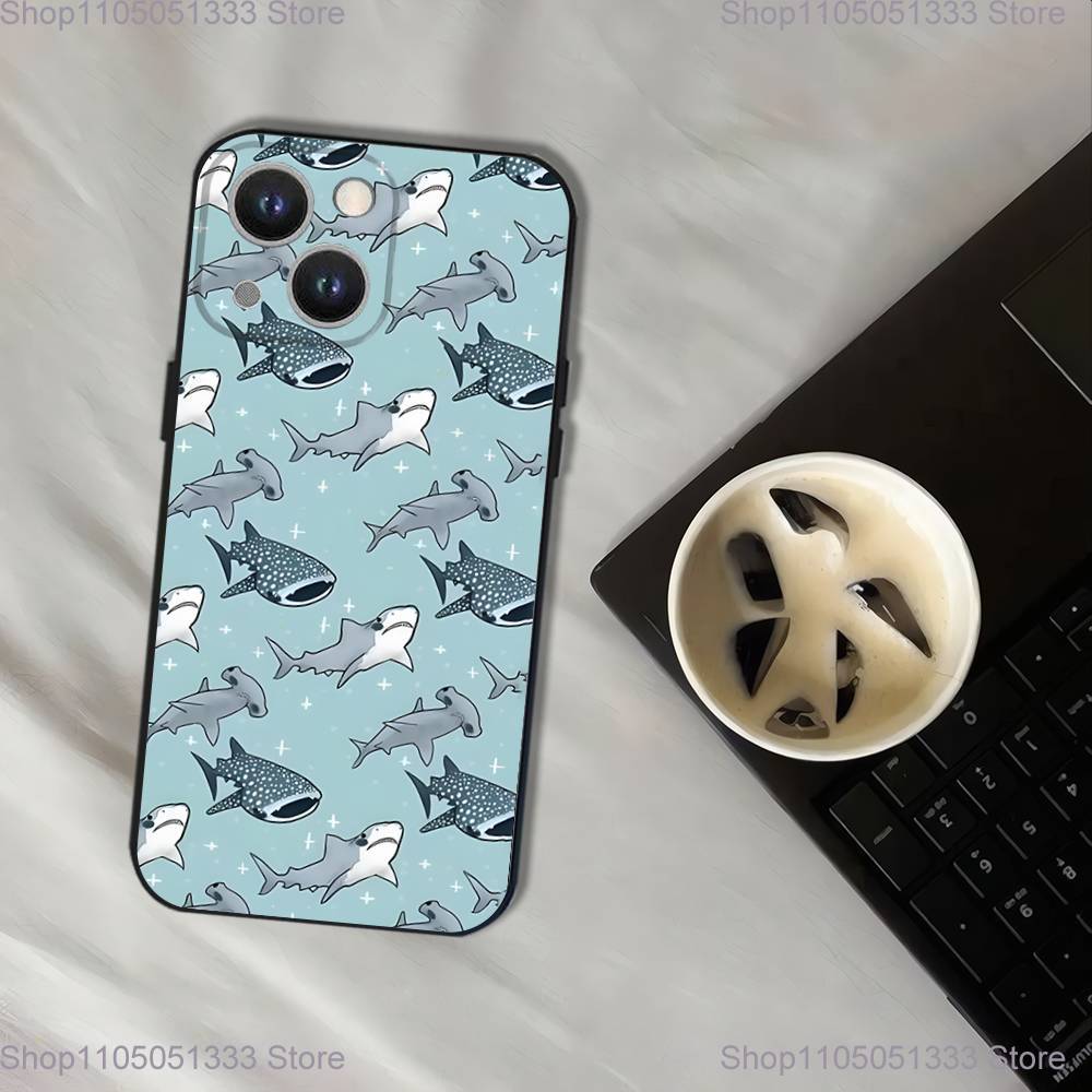 Cute Cartoon Blue Shark Phone Case For iPhone 17,16,15,14,13,12,11,Pro,XS,Max,XR,Plus,E,SE4,Mini Black Soft Cover